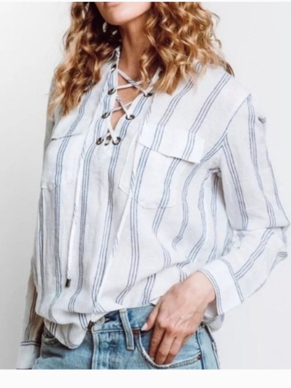 Rails Linen Blend Matea Lace Up Shirt Blue White Flamenco Stripe Coastal Sz M - Picture 1 of 5